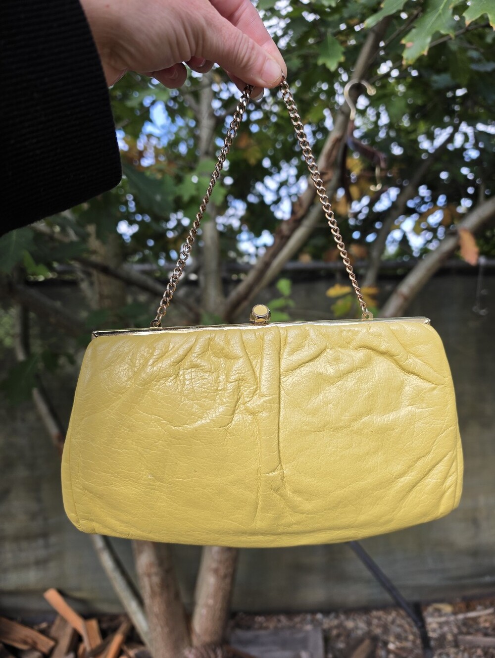 Vintage 1960s Yellow Leather Convertible Clutch Bag MOD Kiss-Lock Evening Bag